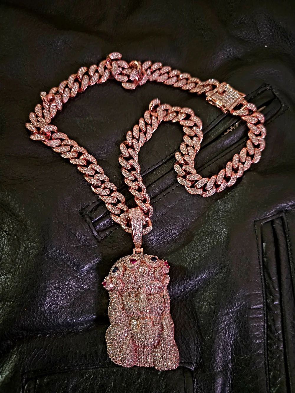 Rhinestone Jesus Piece Pendant - Pink and Gold Tone